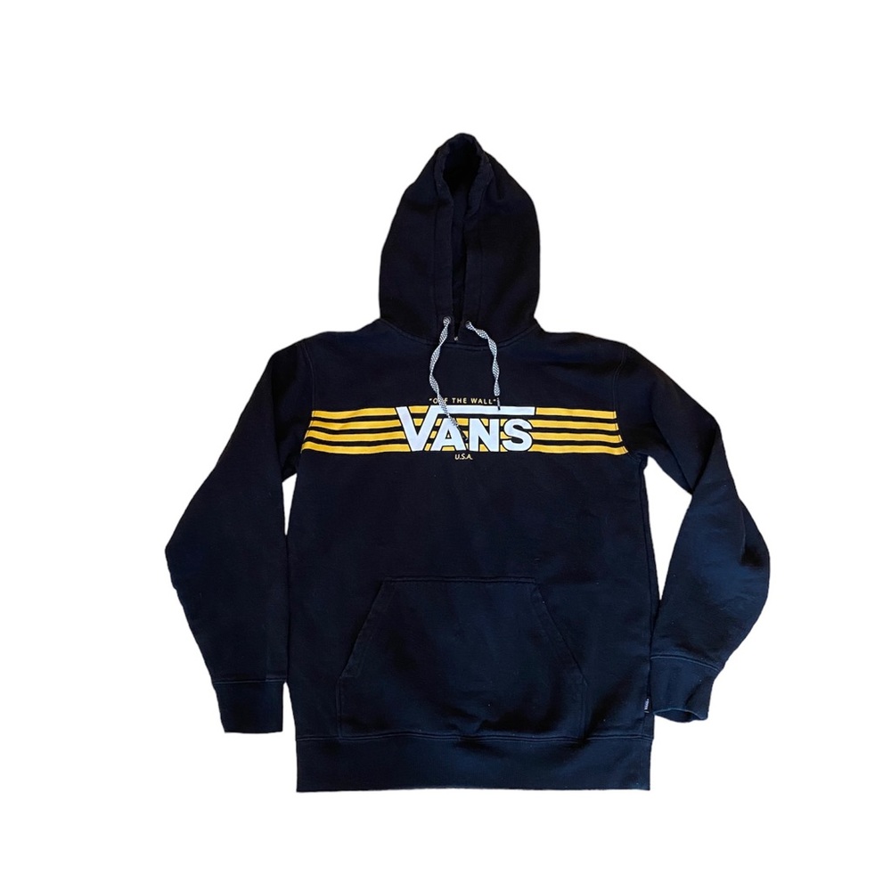 Vans Black Hoodie Sweatshirt Yellow Stripe Checkerboard Laces Mens S Skater